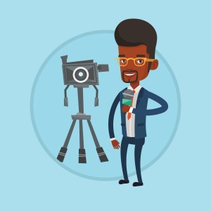 TV reporter with microphone and camera.