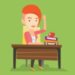 Student raising hand in class for an answer.